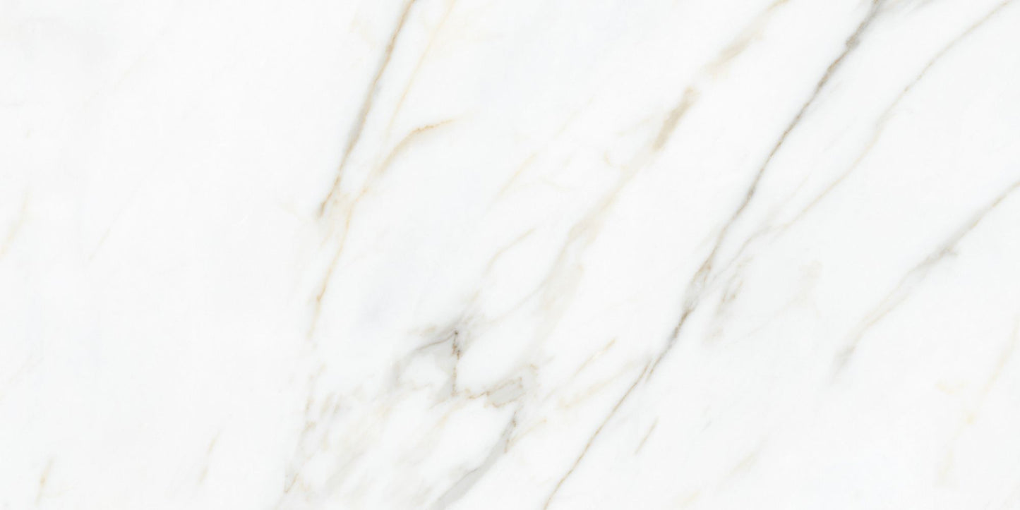 Close-up of Calacatta Gold tile showing gold and grey marble veining with polished finish