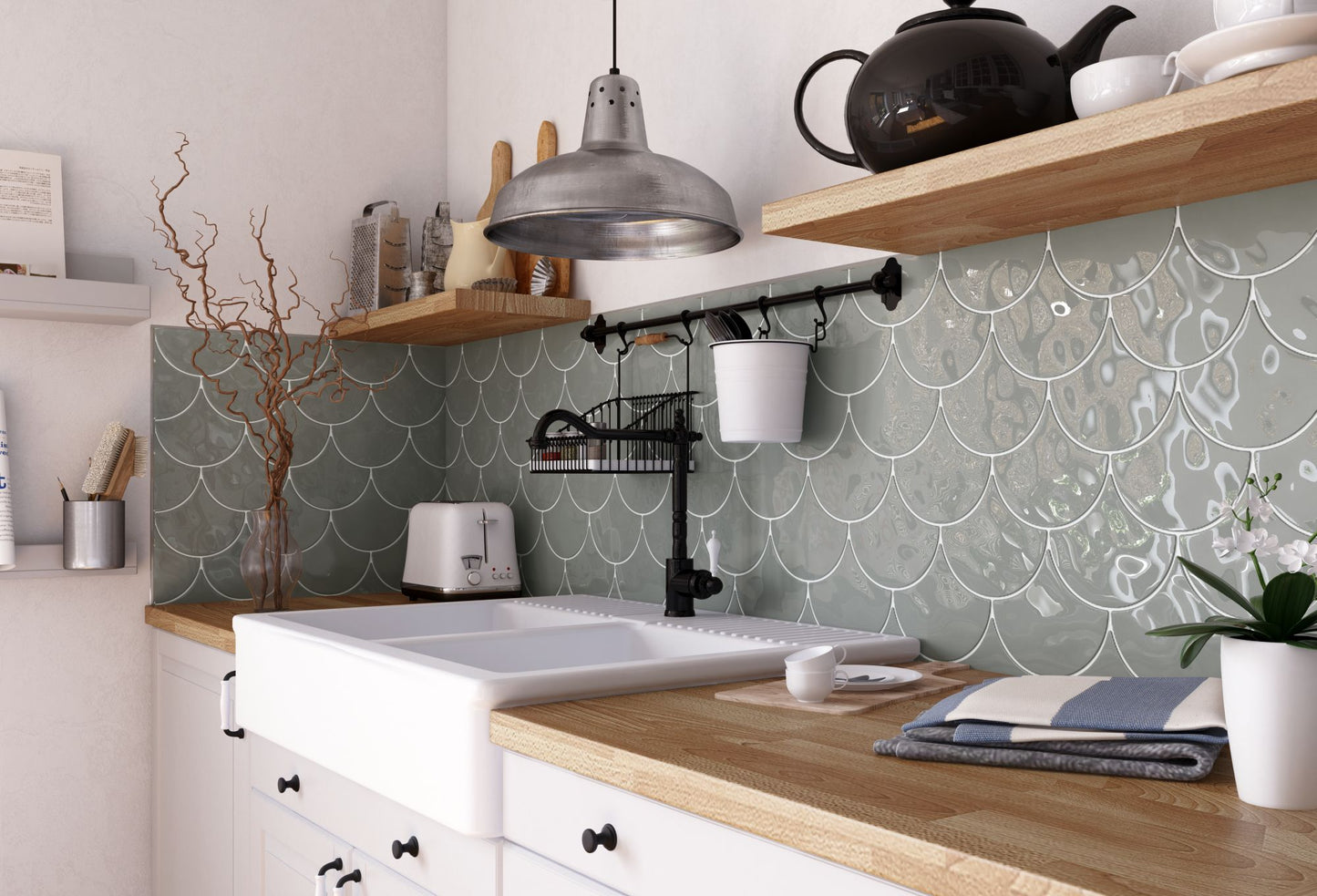Drop Grey 6x7 Polished Finish Fish Scale Backsplash Tile