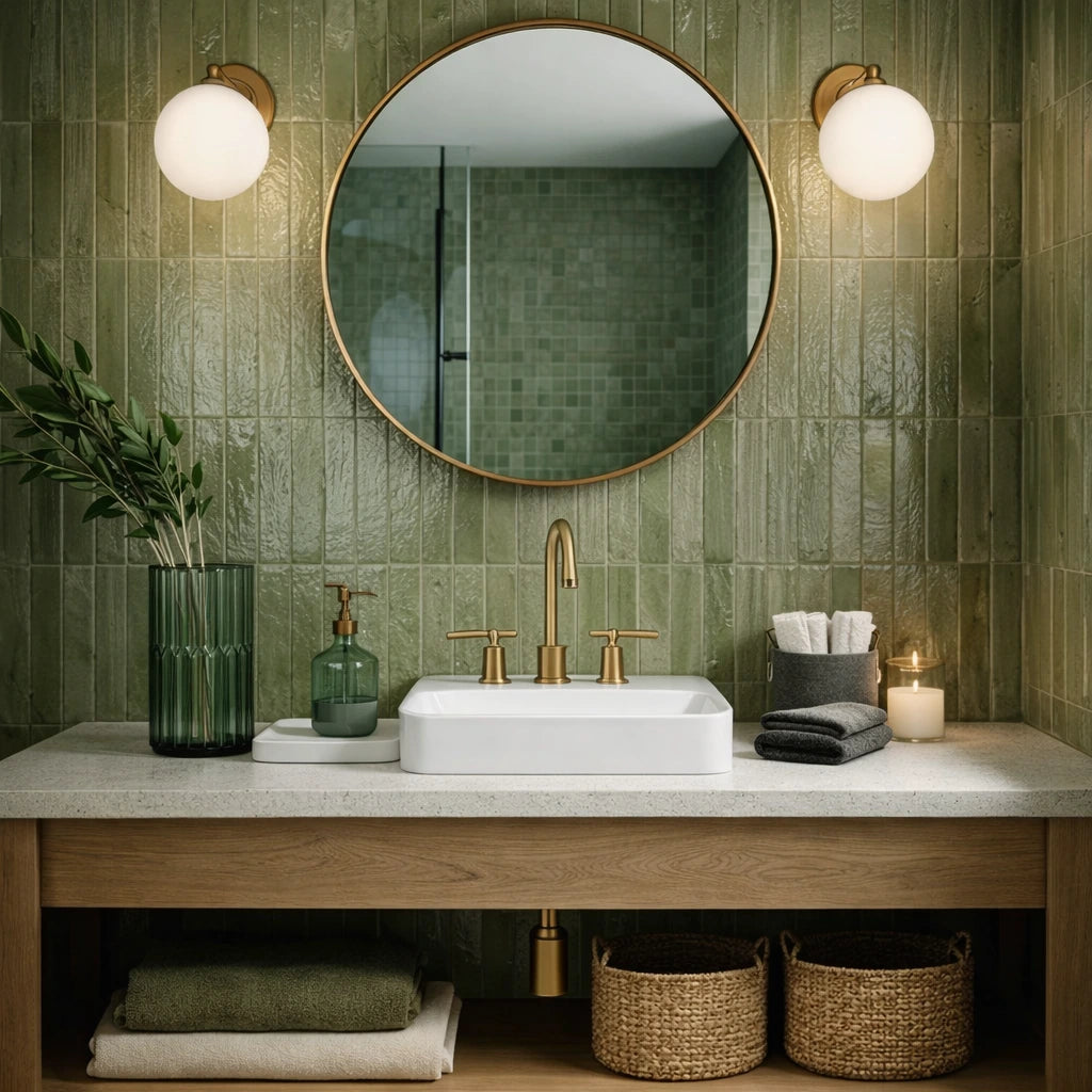 Olive green glossy subway tile for bathroom wall and backsplash
