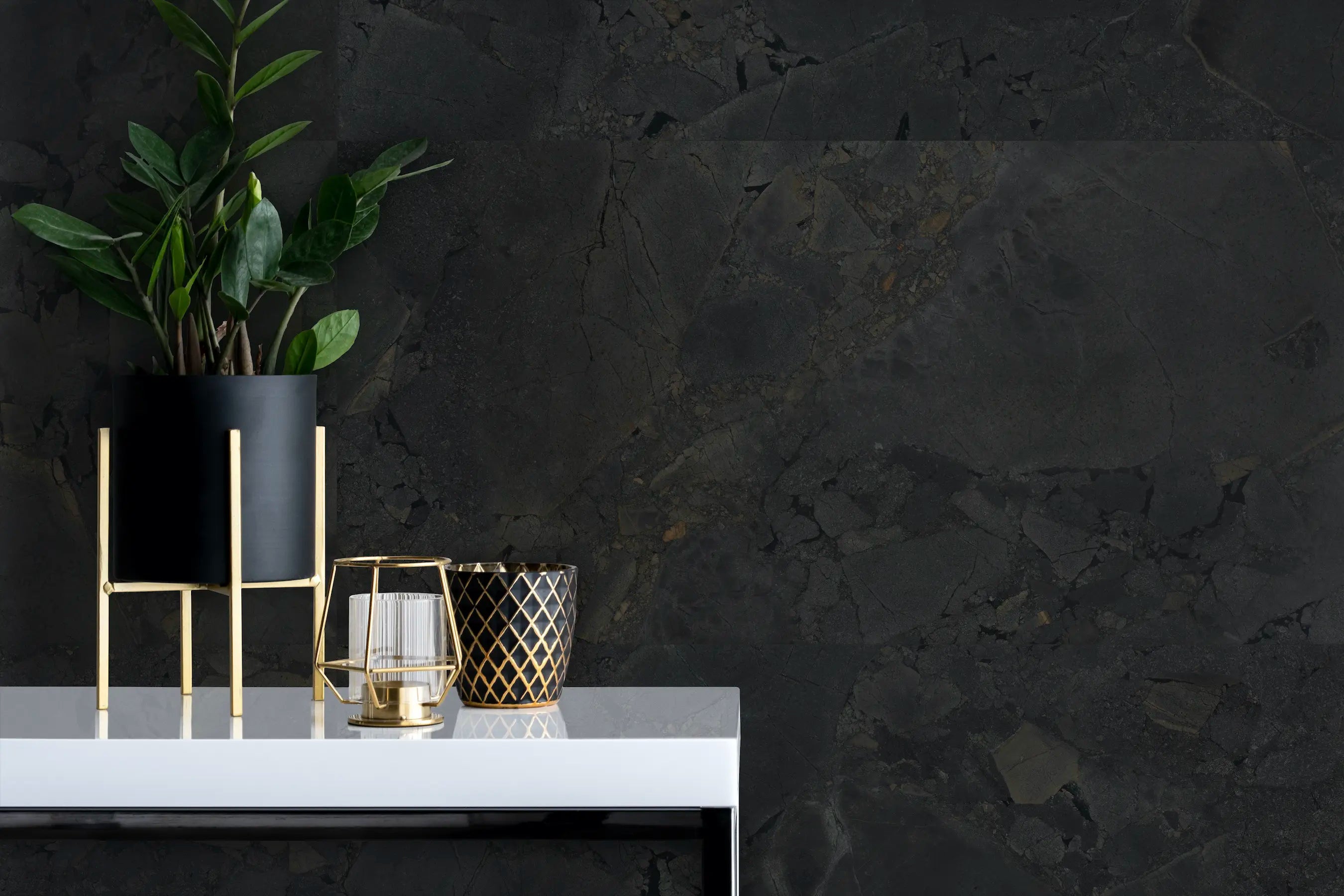 polished finish and marble veining on Jurassic Black tile