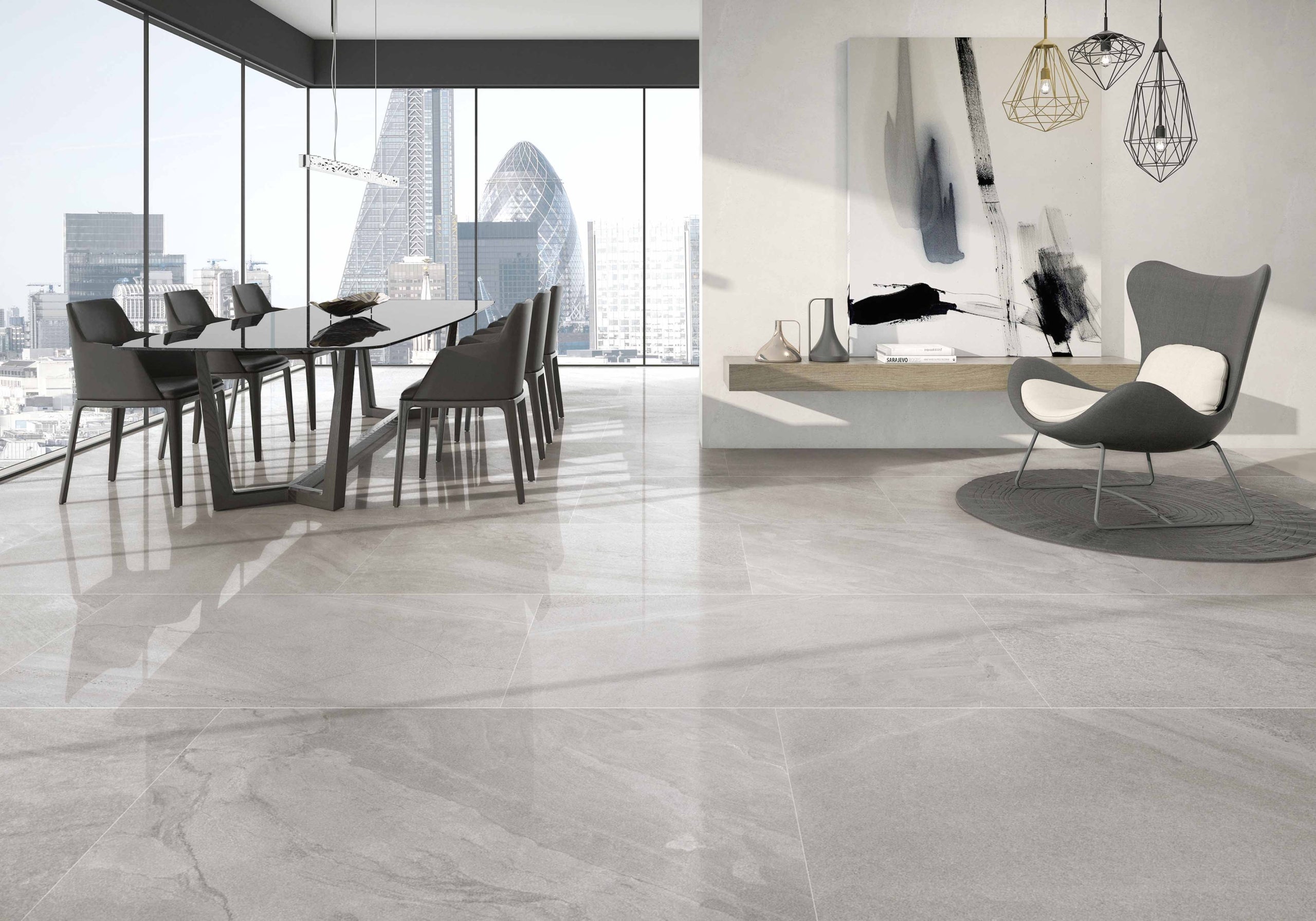 Limestone Light Grey 24x48 Polished Slate Look Porcelain