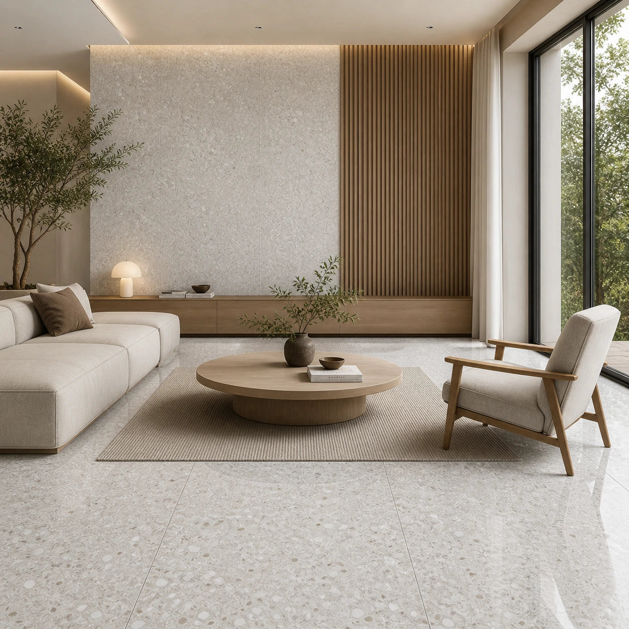 Polished Beige and White porcelain tile in a modern living room