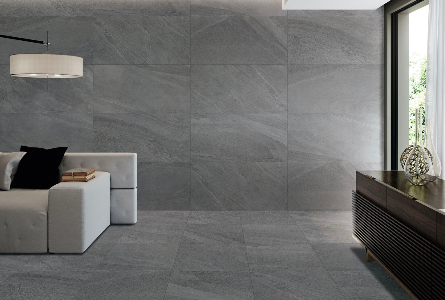 Limestone Dark Grey 24x24 Polished Slate Look Porcelain Tile