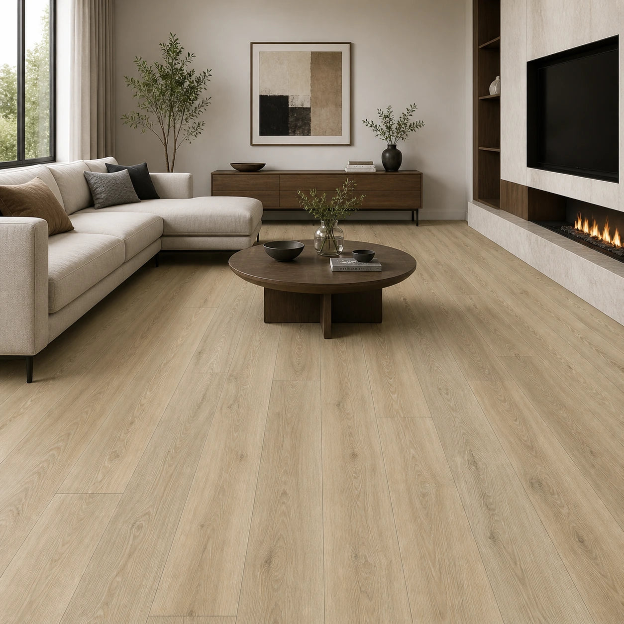 Floor Tek Pro-Line Arctic SPC vinyl flooring in a modern living room with light oak wood look planks