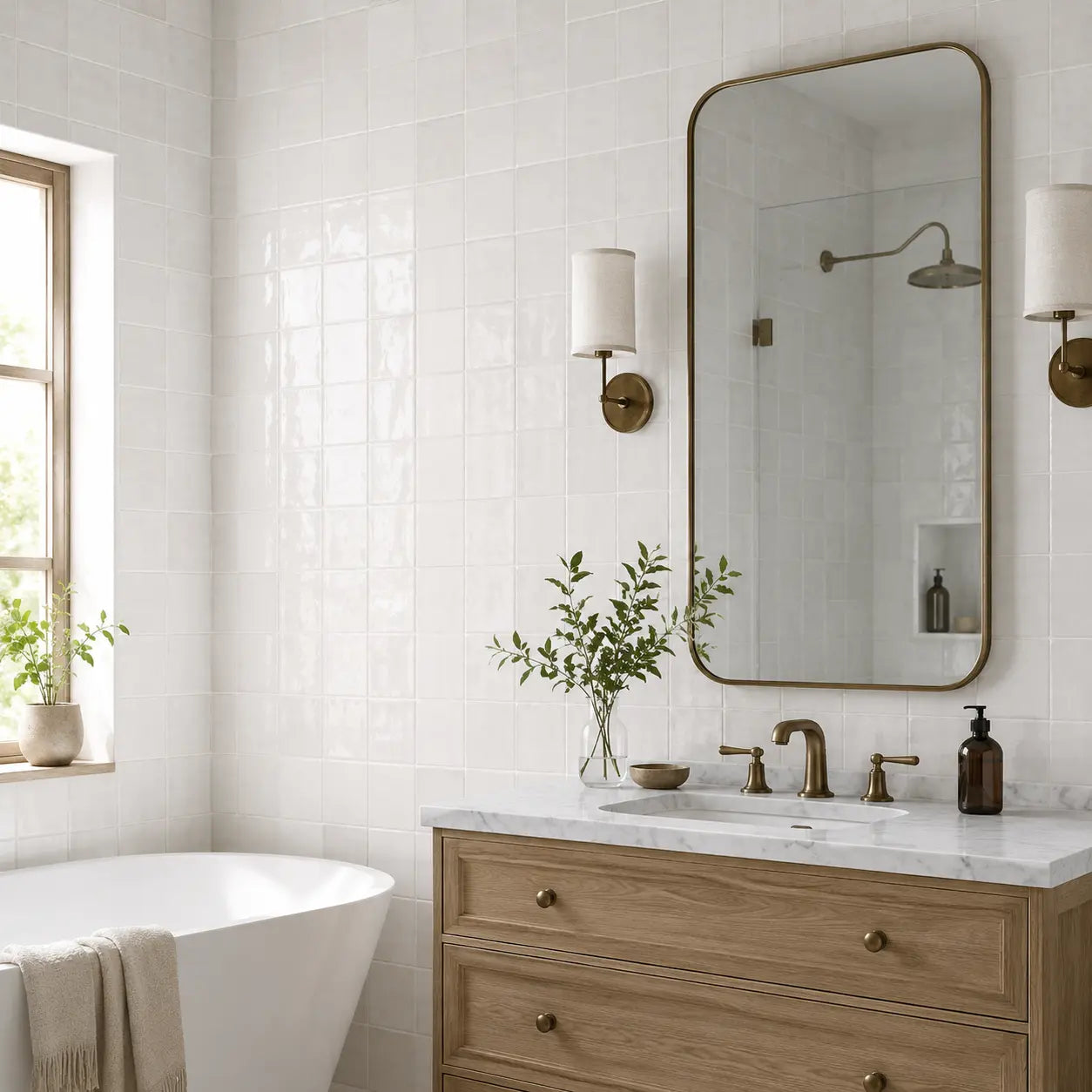 Melange Bianco 4x4 polished white zellige tile used on bathroom wall