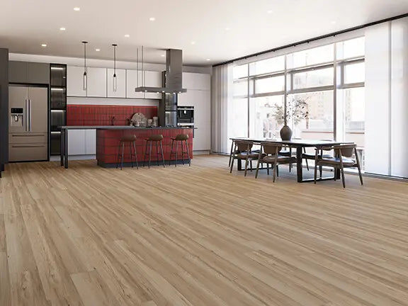 Modern kitchen with wooden Vinyl Flooring and large windows