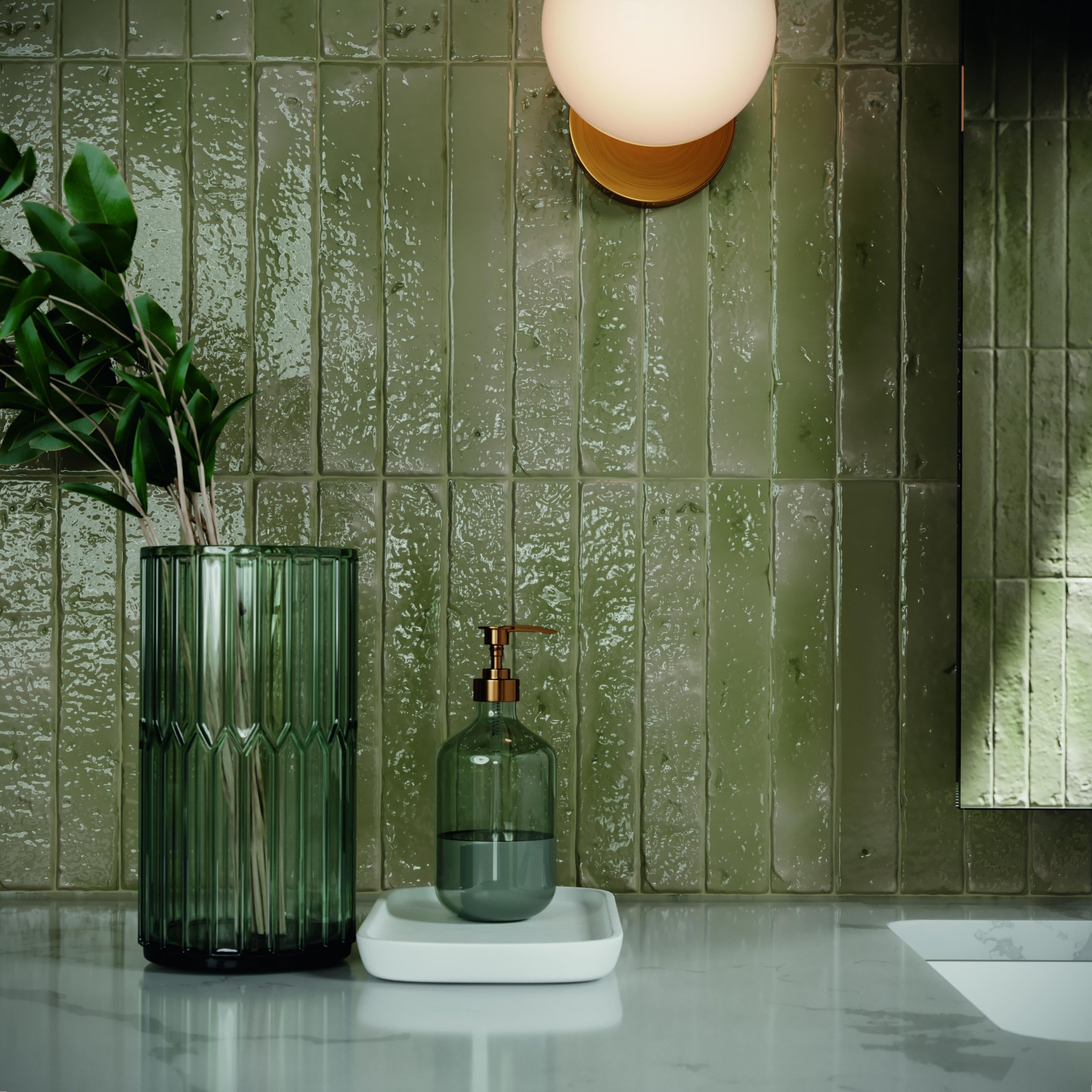 Brutalist Olive 2x10 Glossy Subway Tile Backsplash