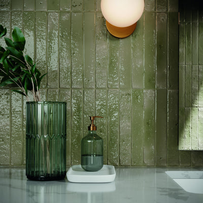 Brutalist Olive 2x10 Glossy Subway Tile Backsplash