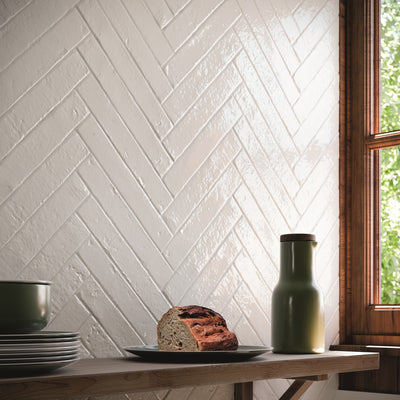 Brutalist Snow 2x10 Glossy Subway Tile Backsplash