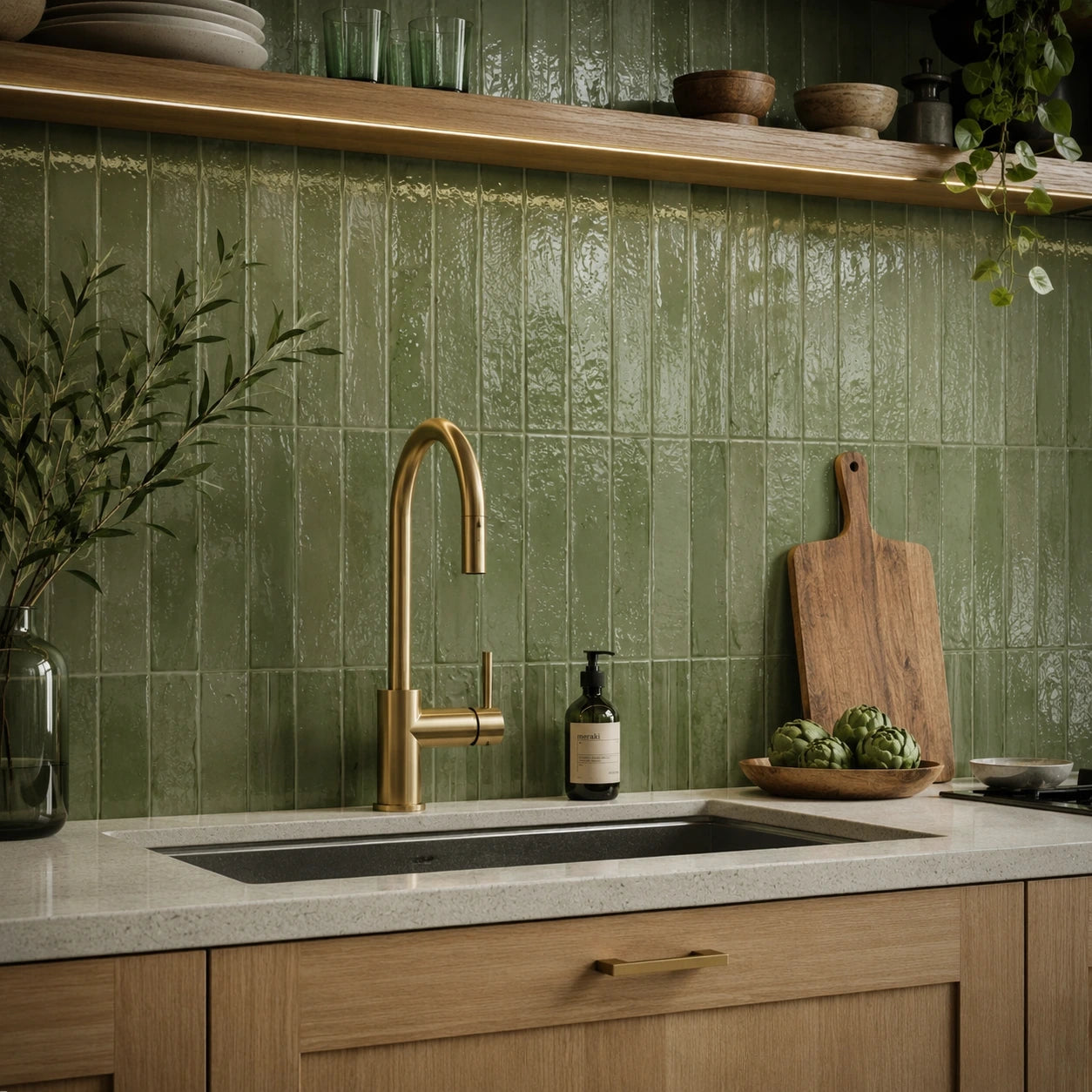 Brutalist Olive 2x10 glossy ceramic subway tile for backsplash