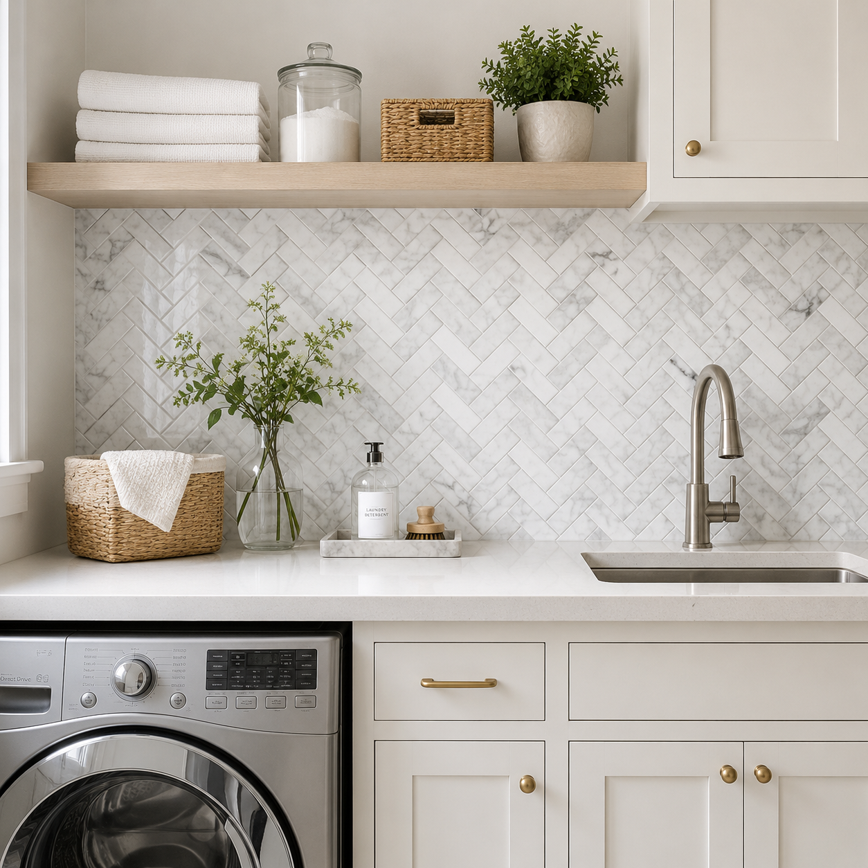 Carrara Herringbone 1x3 Polished Finish Marble Backsplash