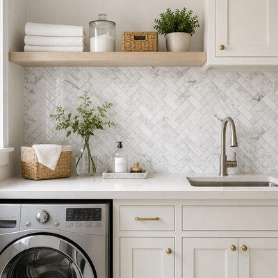 Carrara Herringbone 1x3 Polished Finish Marble Backsplash