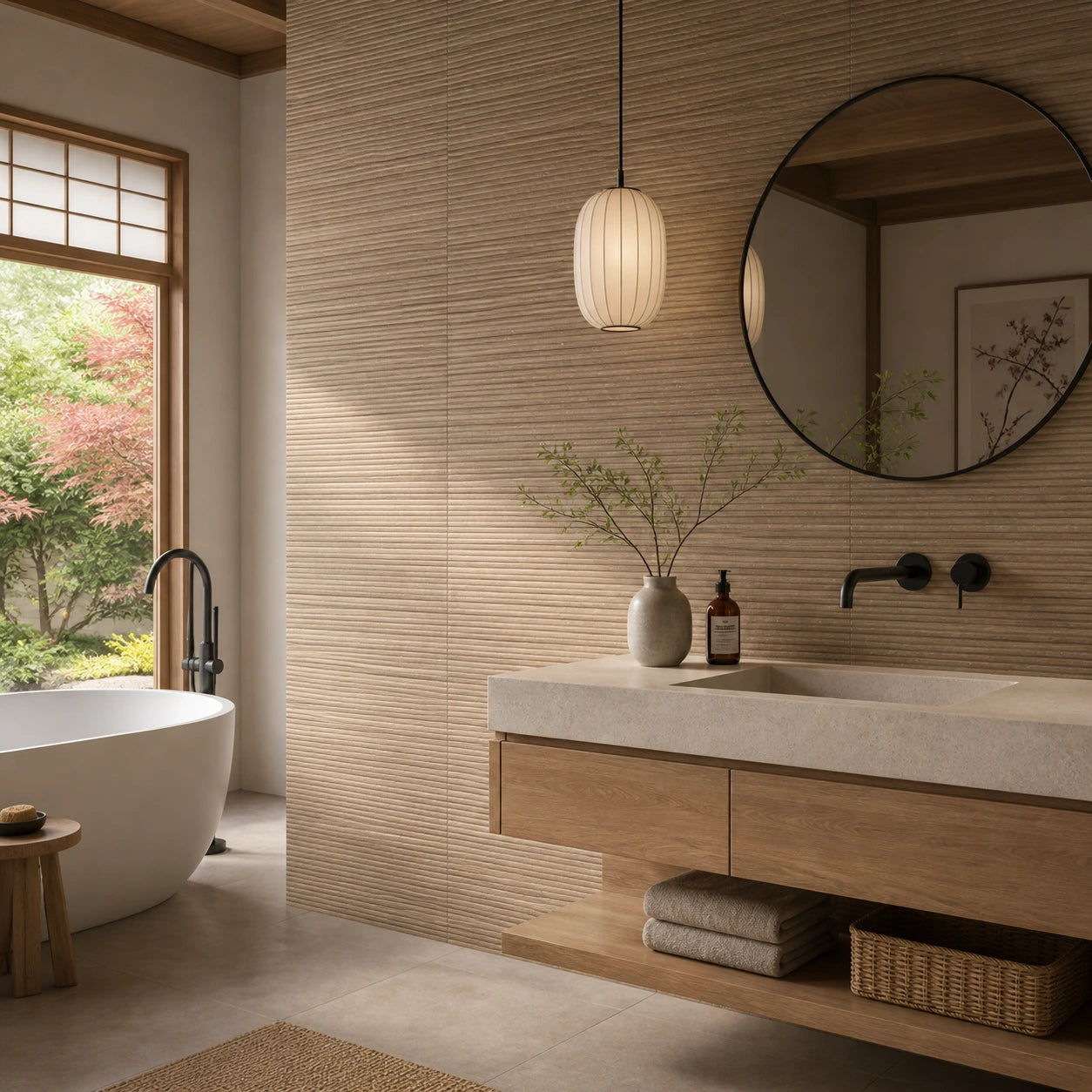 Matte Wood Look Fluted Wall Tile in bathroom