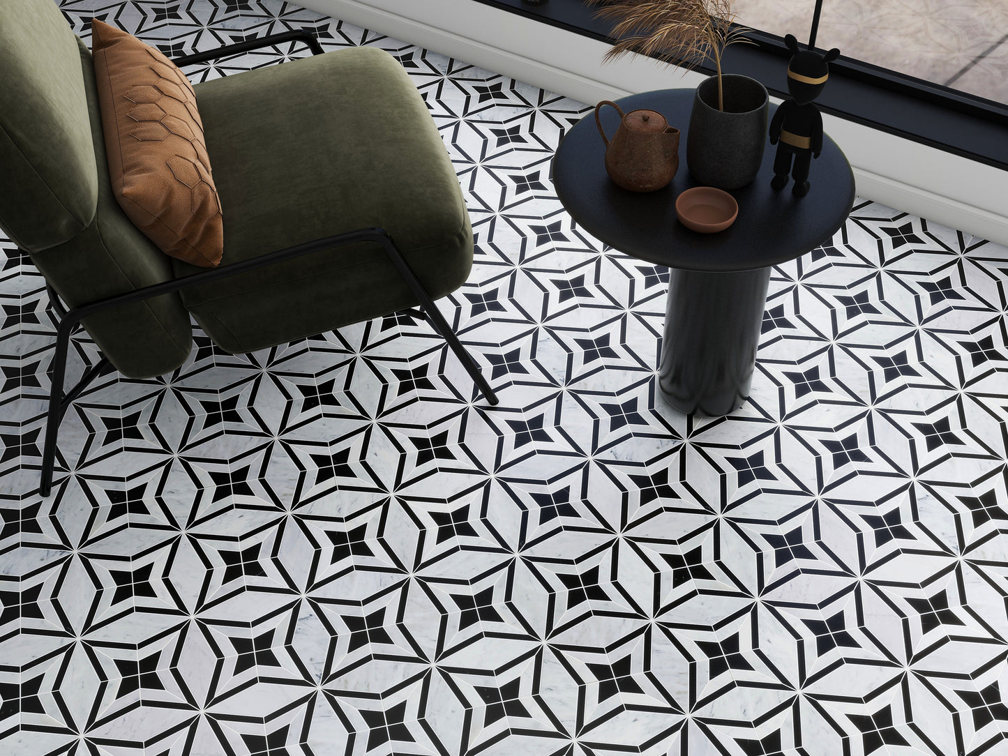 Floral Carr/Marquina 12"x12" Marble Tile