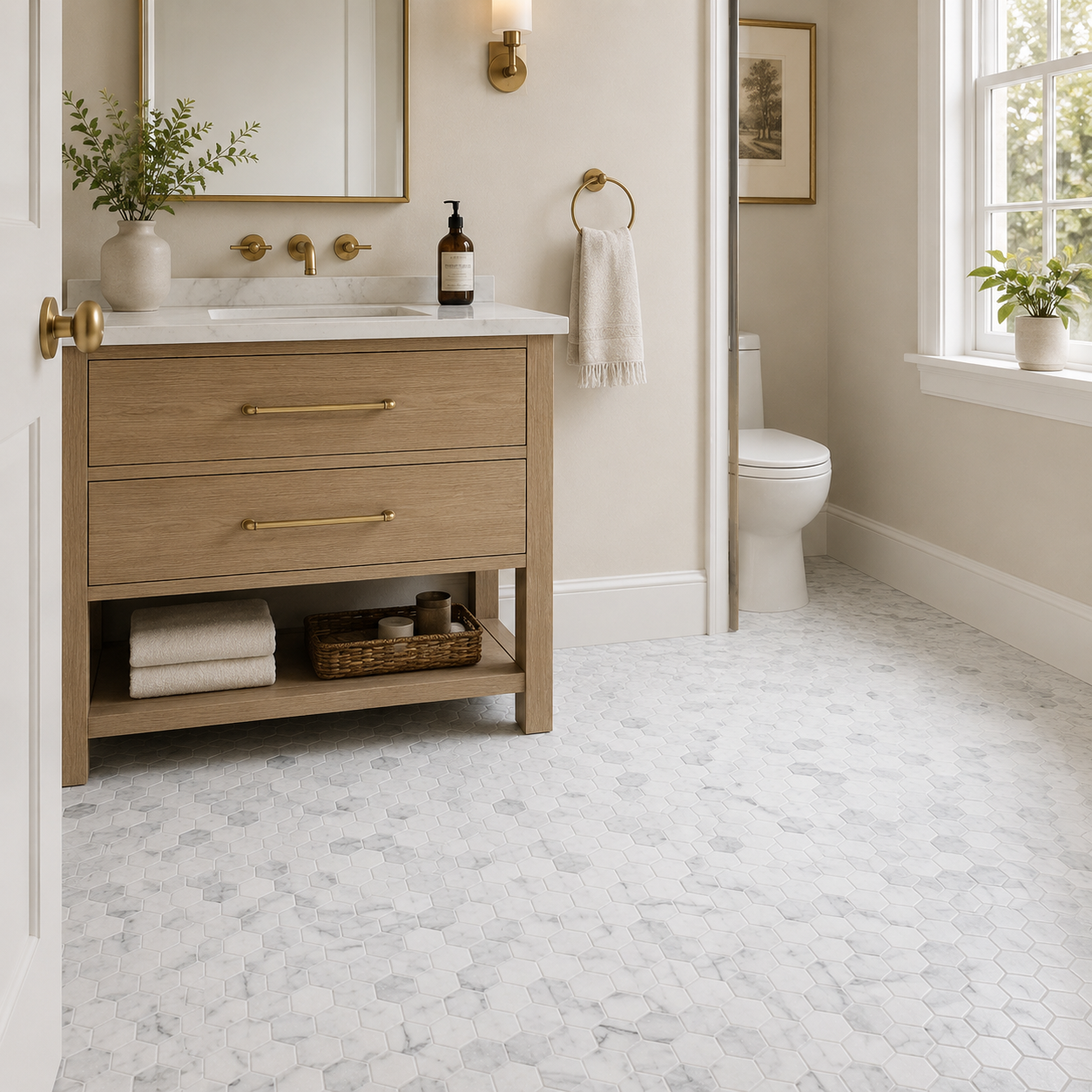 Hex Tumble Carrara 2x2 Matte Finish Marble Mosaic