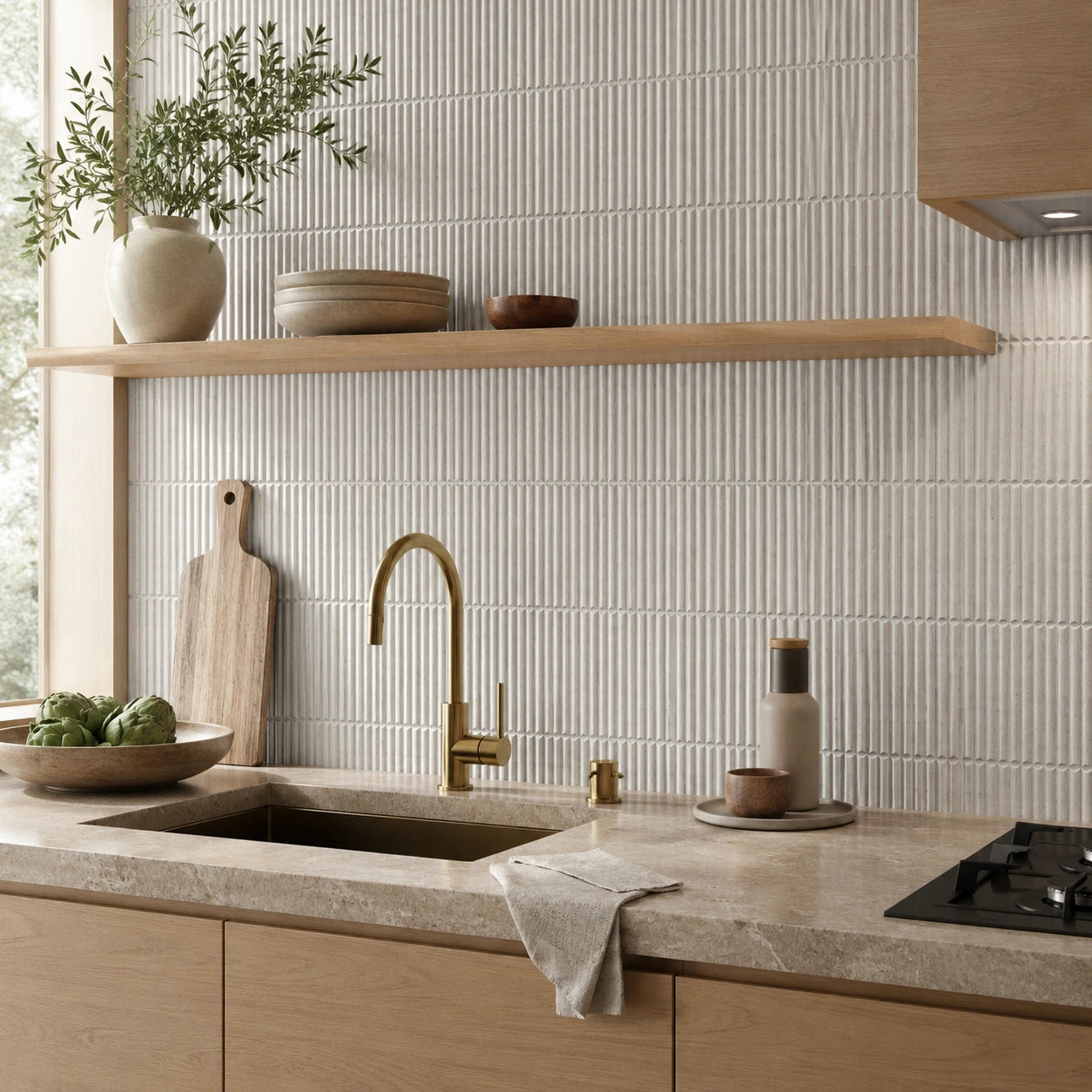 Homey Stripes White 12x24 fluted porcelain tile used as a kitchen backsplash