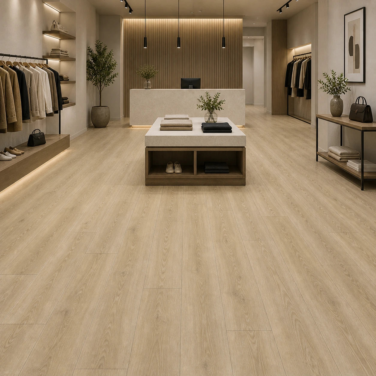 Floor Tek Pro-Line Arctic SPC vinyl flooring installed in a modern retail store with light oak wood look planks