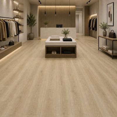 Floor Tek Pro-Line Arctic SPC vinyl flooring installed in a modern retail store with light oak wood look planks