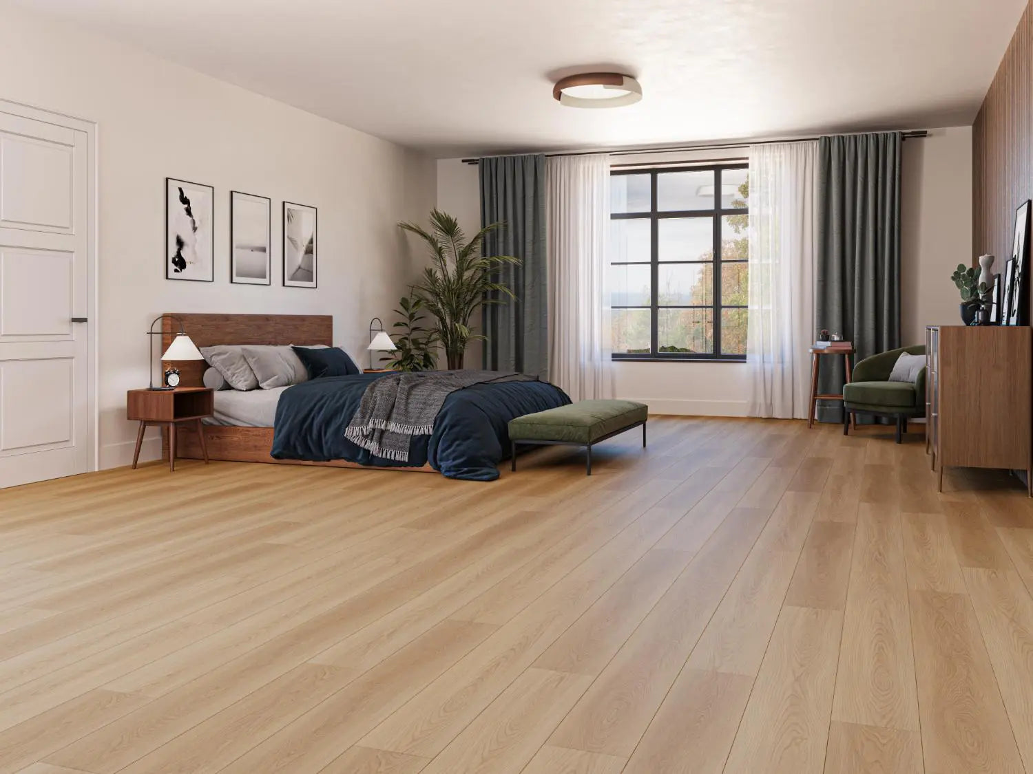 Modern bedroom with Laminate Flooring features a richer, deeper brown