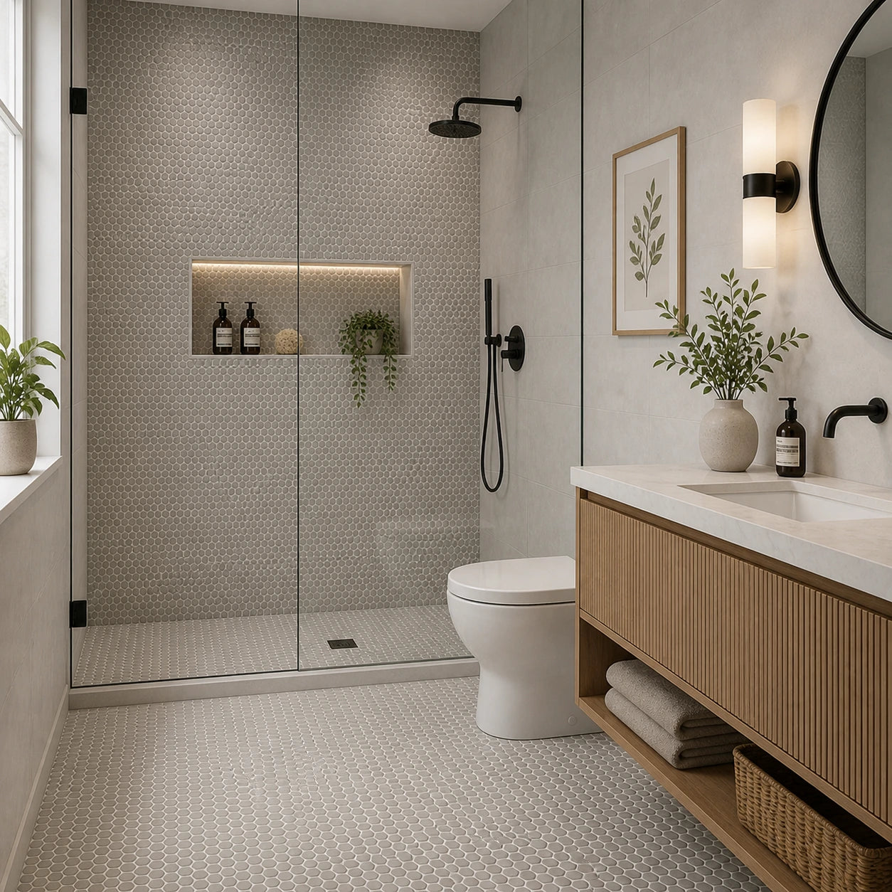 Modern bathroom tile with shower, toilet, and vanity area.