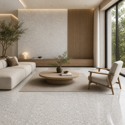 Polished Beige and White porcelain tile in a modern living room