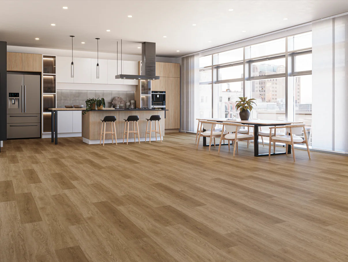 vinyl flooring with warm mid-tone finish in kitchen