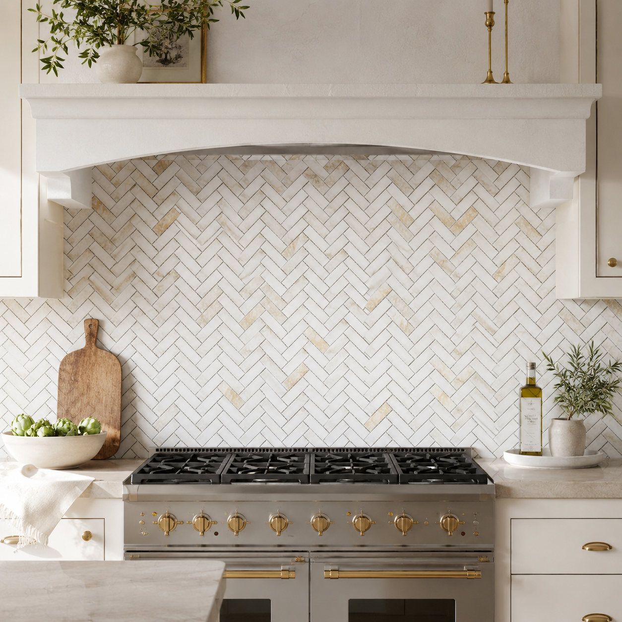 Gold Herringbone 1x3 Polished Marble Mosaic Backsplash