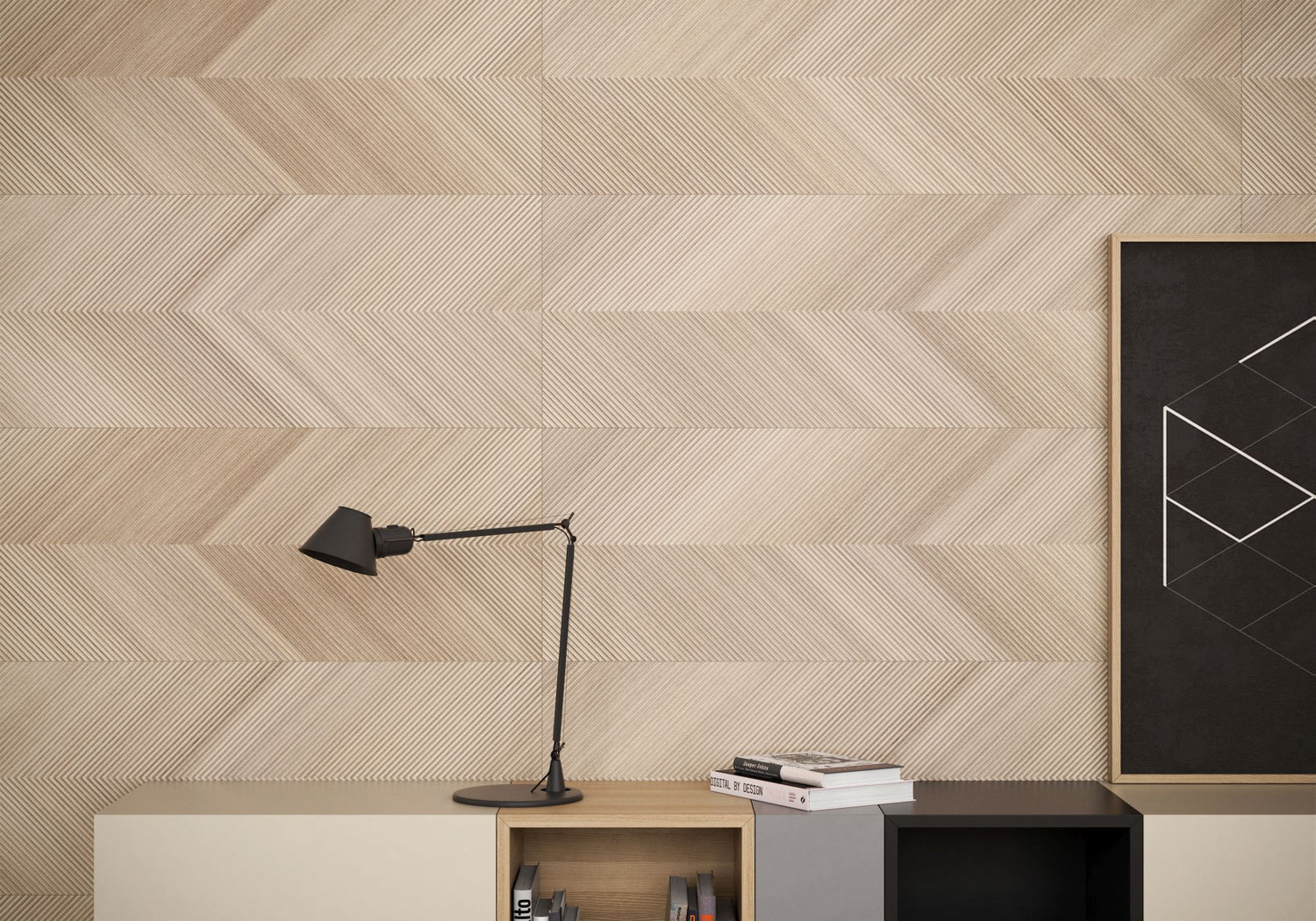 Saloni Vector wood-look porcelain tile installed on modern accent wall