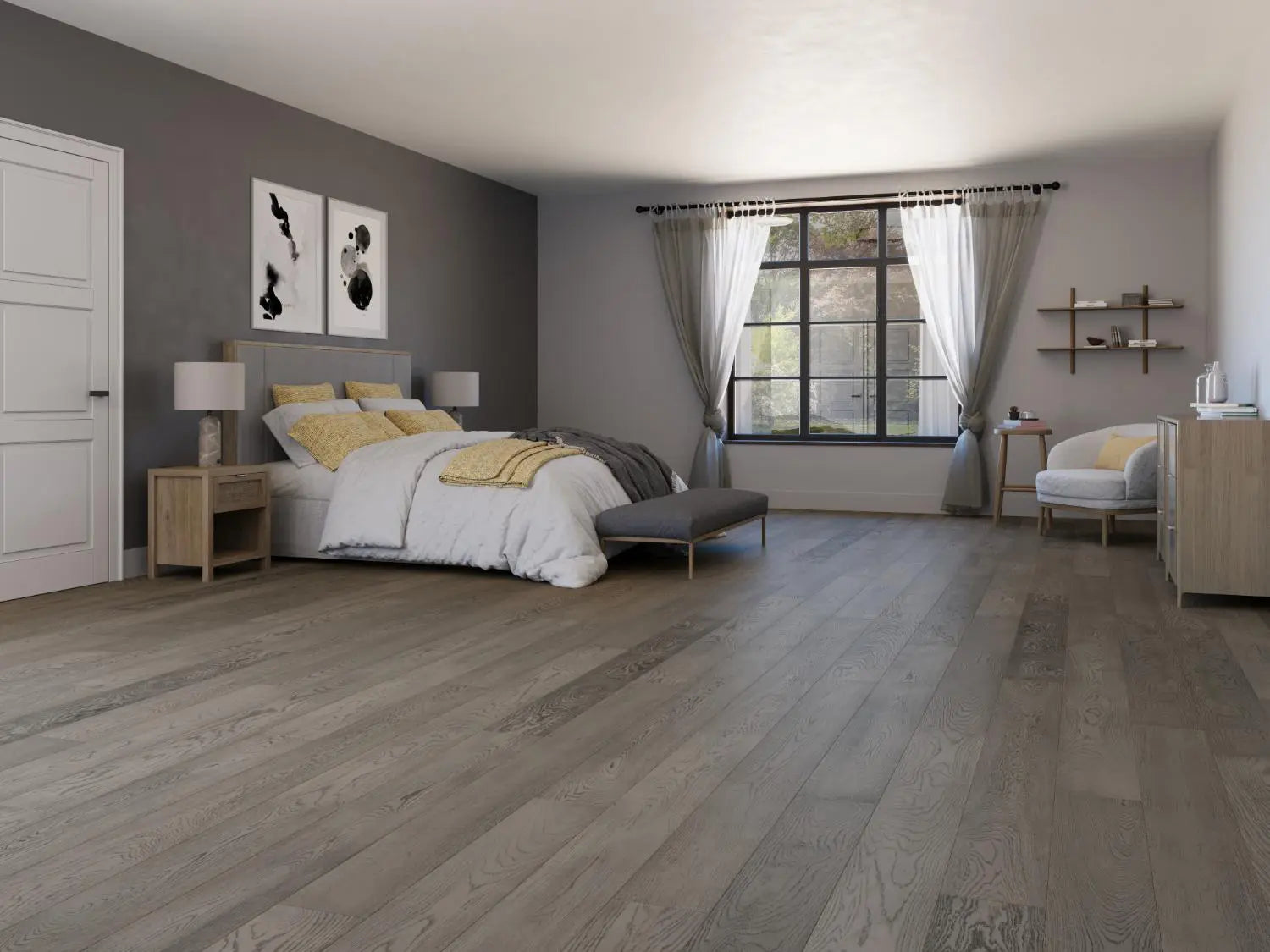 Modern bedroom with cool, cloud-like wood tone hardwood flooring
