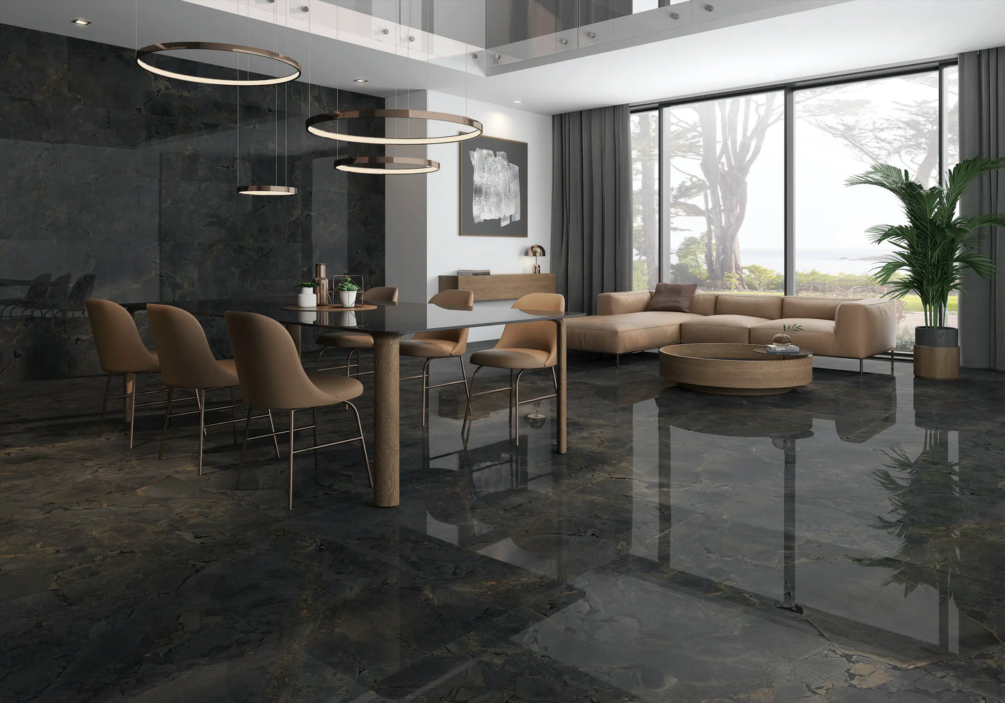Black porcelain tile installed on modern living room