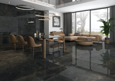 Black porcelain tile installed on modern living room