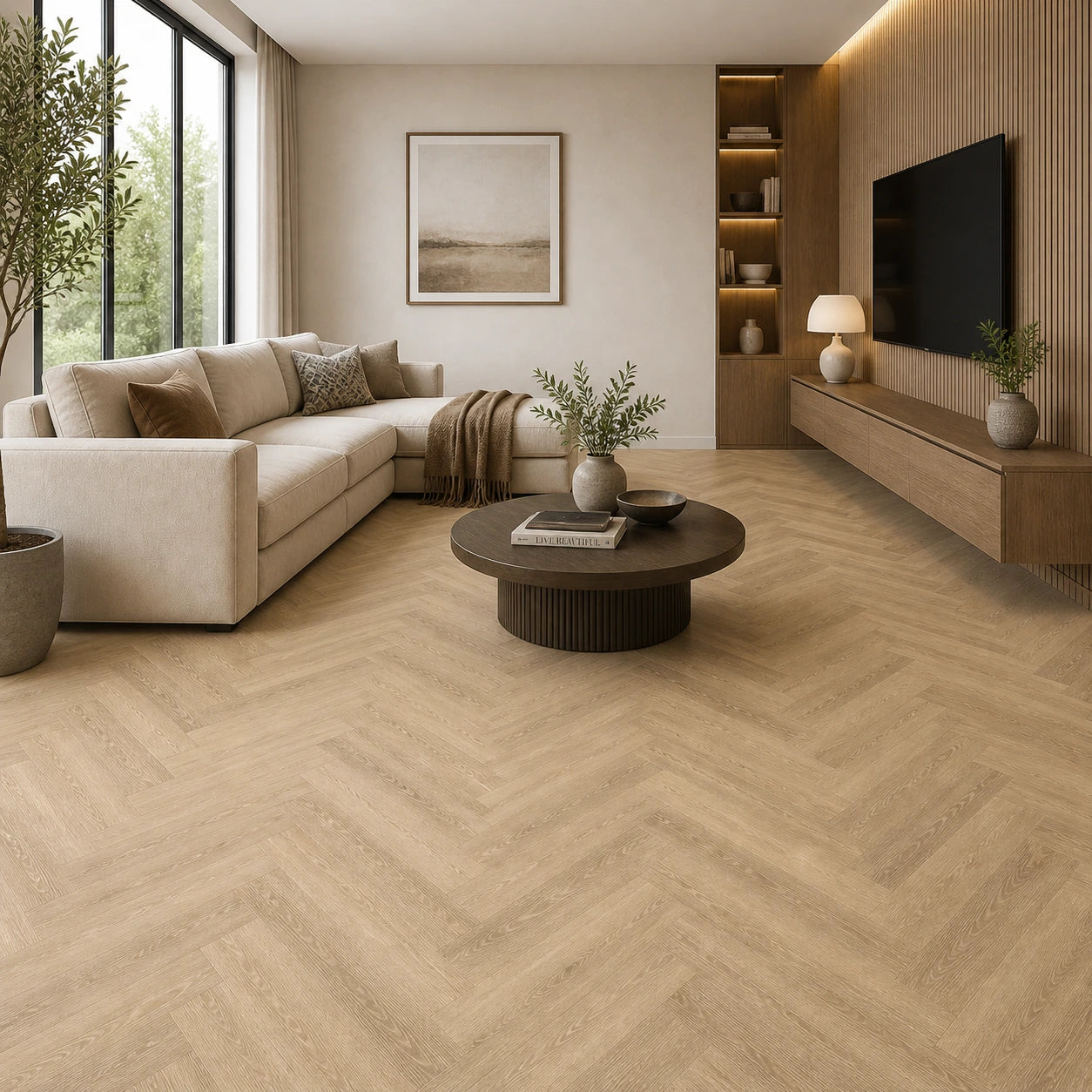 Beige SPC vinyl flooring in herringbone pattern with natural wood grain texture in a contemporary living room
