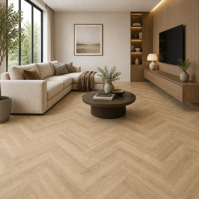 Beige SPC vinyl flooring in herringbone pattern with natural wood grain texture in a contemporary living room