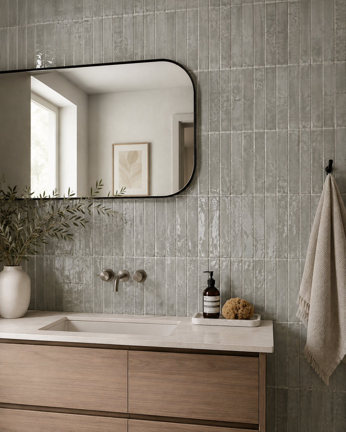 Brutalist Olive 2x10 Glossy Ceramic Subway Tile Backsplash