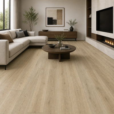 Floor Tek Pro-Line Arctic SPC vinyl flooring in a modern living room with light oak wood look planks