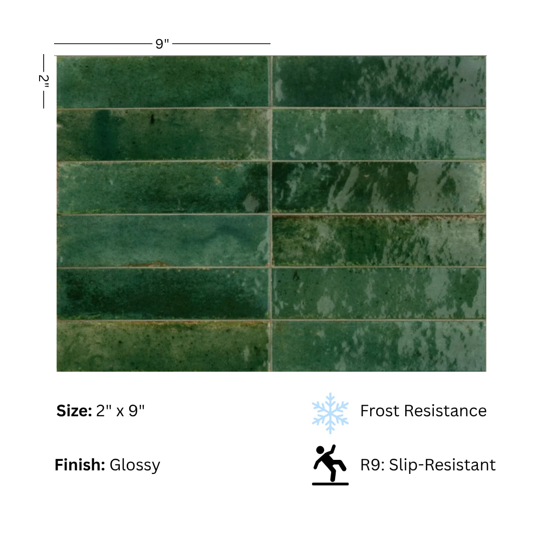 Lume Green 2x9 Polished Porcelain Subway Tile for Backsplash & Wall