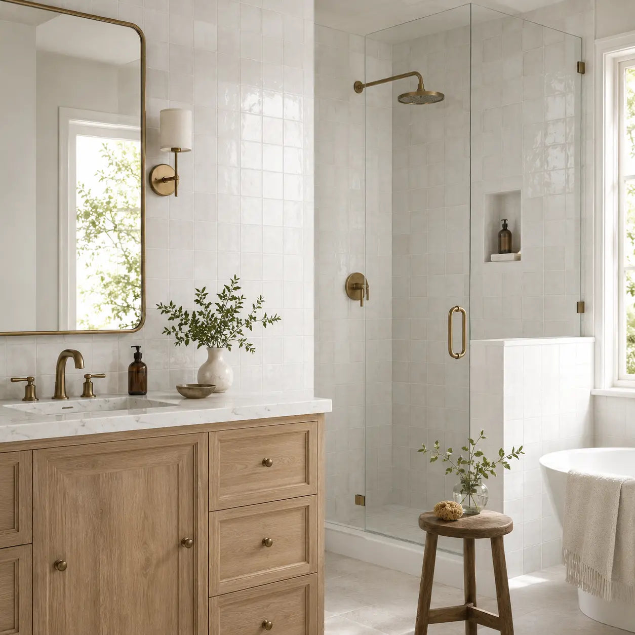 Melange Bianco 4x4 glossy zellige tile used in modern spa bathroom