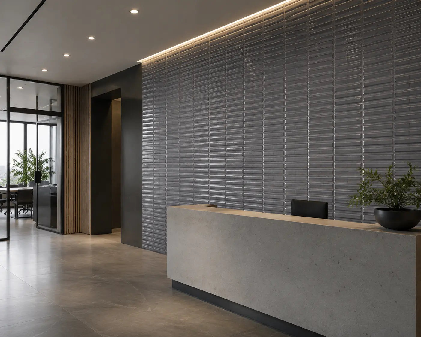 Grey fluted porcelain tile used on commercial reception feature wall