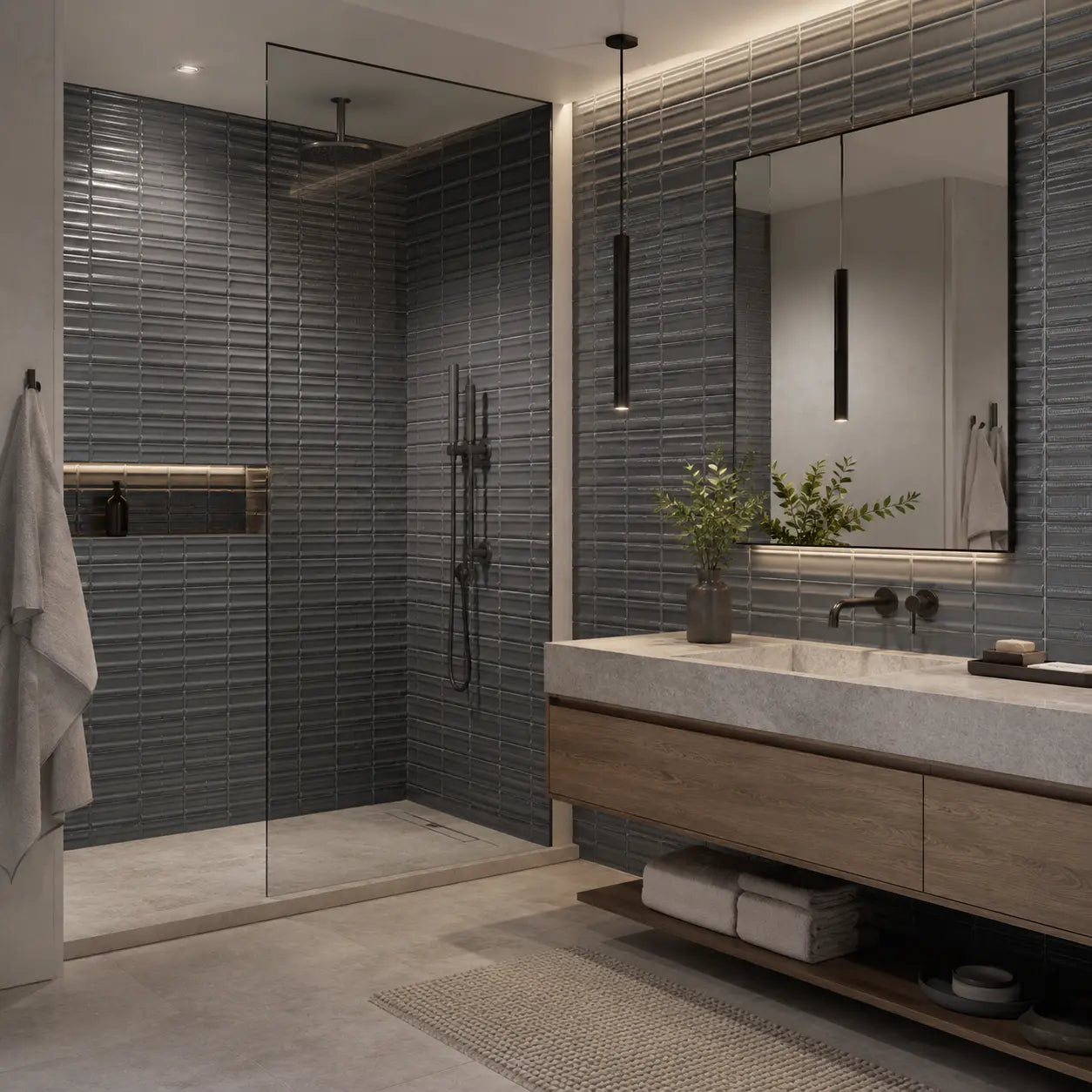 Moves Anth 8x16 fluted porcelain tile used on bathroom wall and shower wall