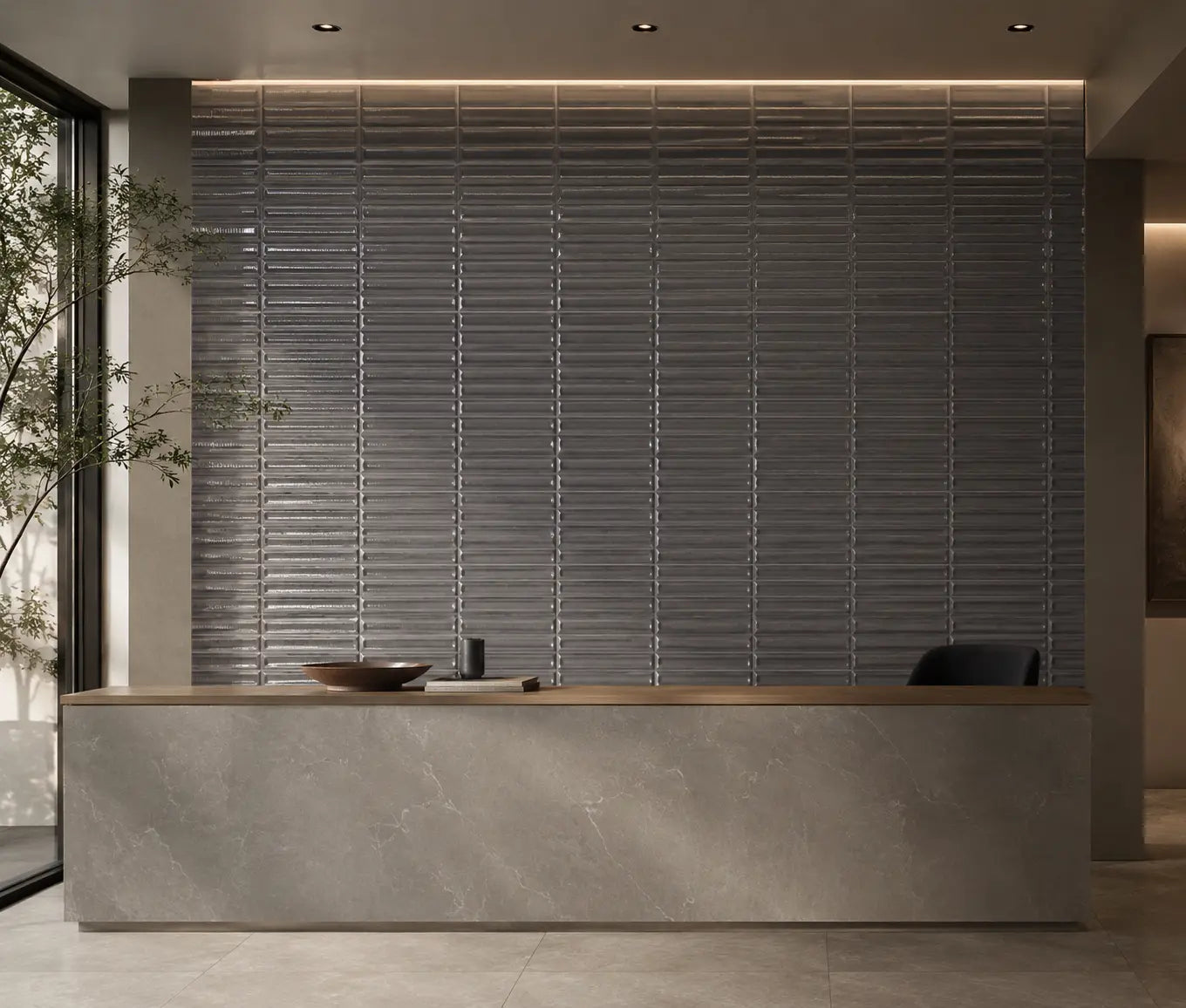 Anthracite fluted porcelain wall tile used in modern office interior