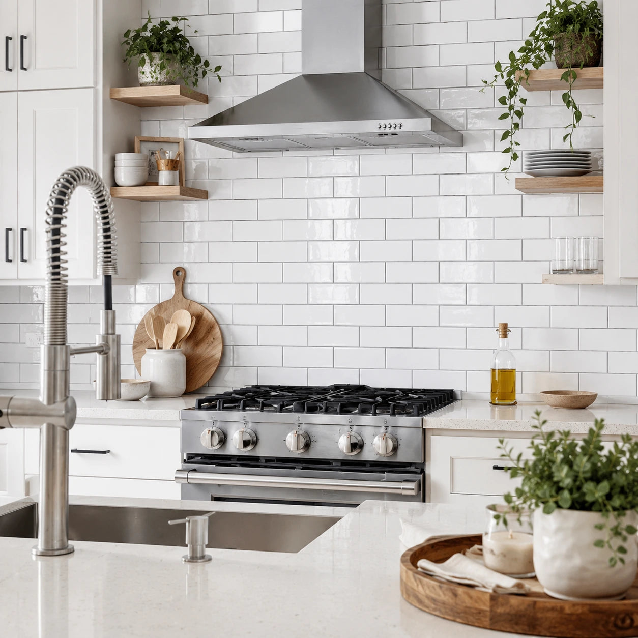 PWG 3x6 polished ceramic white subway tile used as a kitchen backsplash