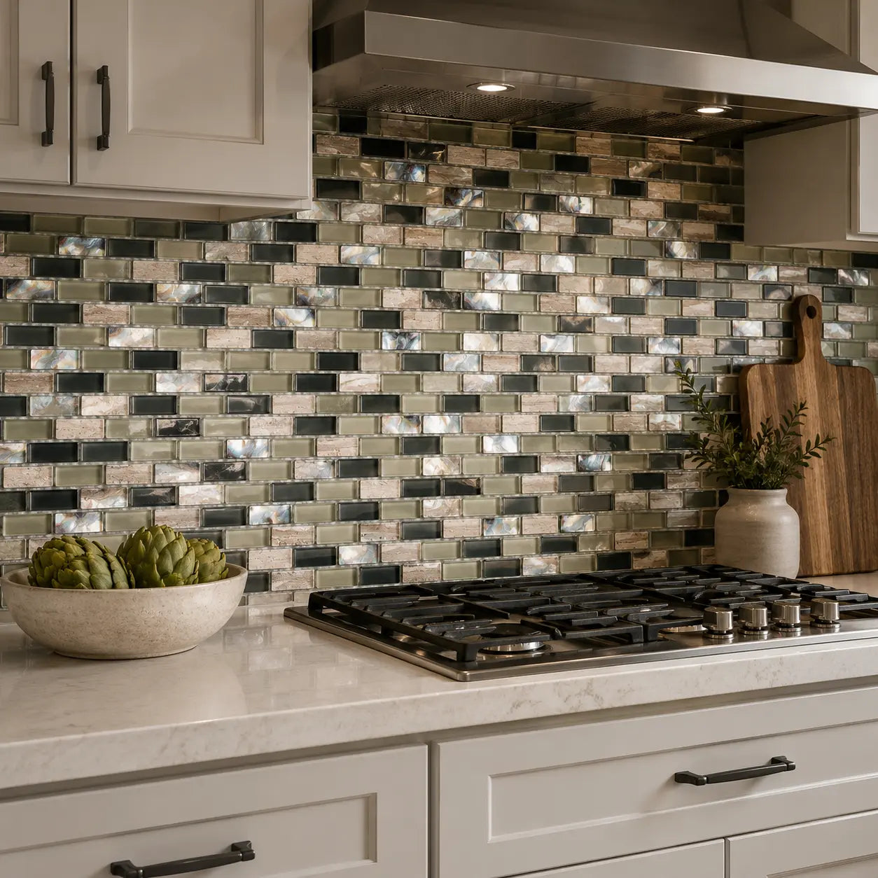 Shell Glass Birch mosaic backsplash tile used in a modern kitchen