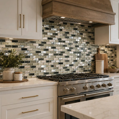Shell Glass Birch mosaic tile installed as kitchen backsplash behind stove