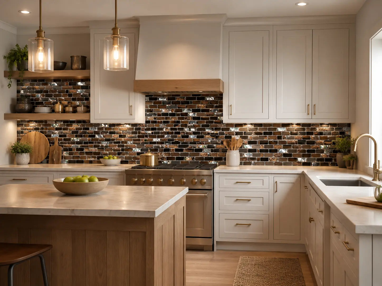 Shell Glass Coffee mosaic backsplash tile installed in a warm modern kitchen with a full long-shot view