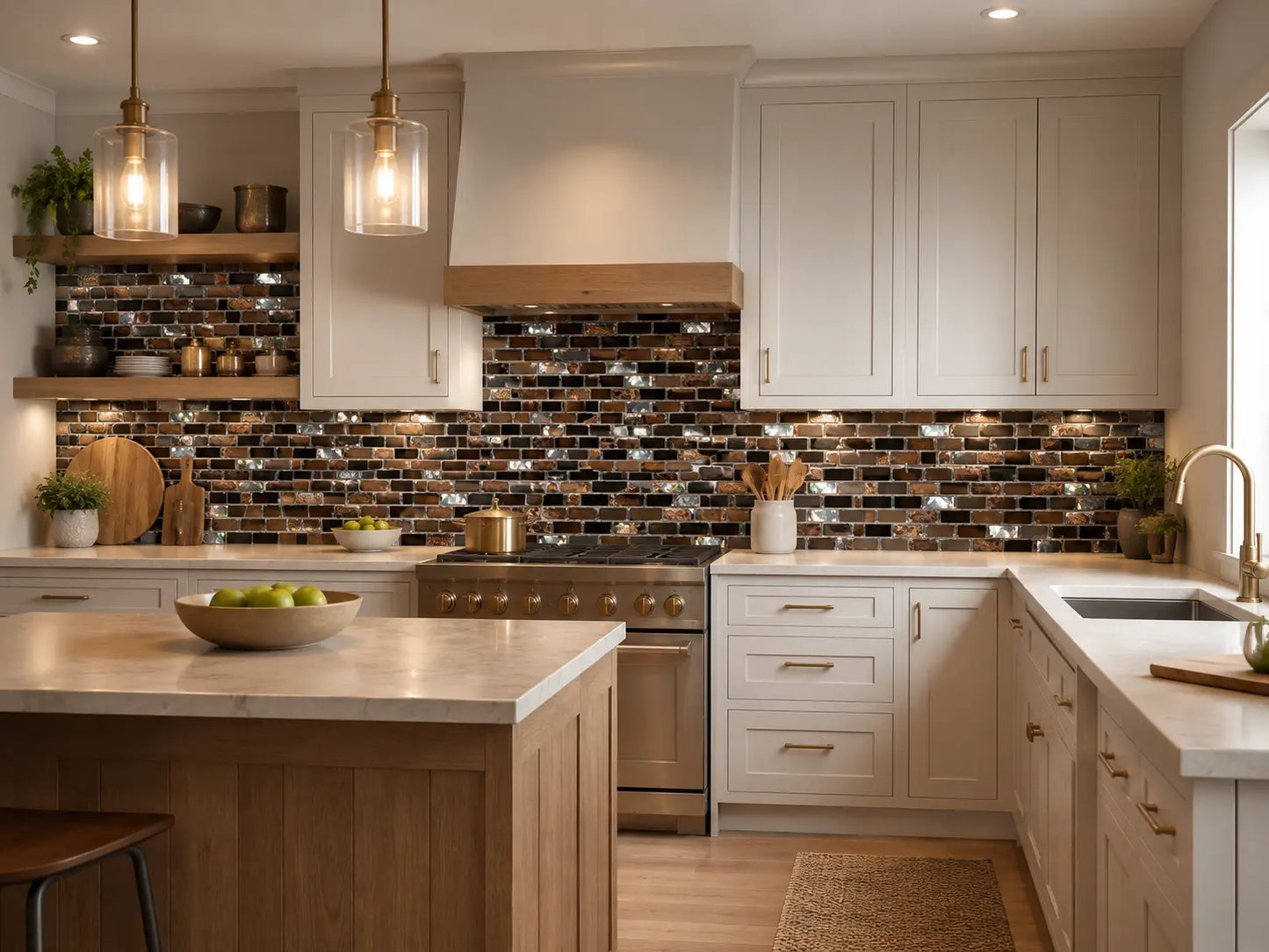 Shell Glass Coffee mosaic backsplash tile installed in a warm modern kitchen with a full long-shot view