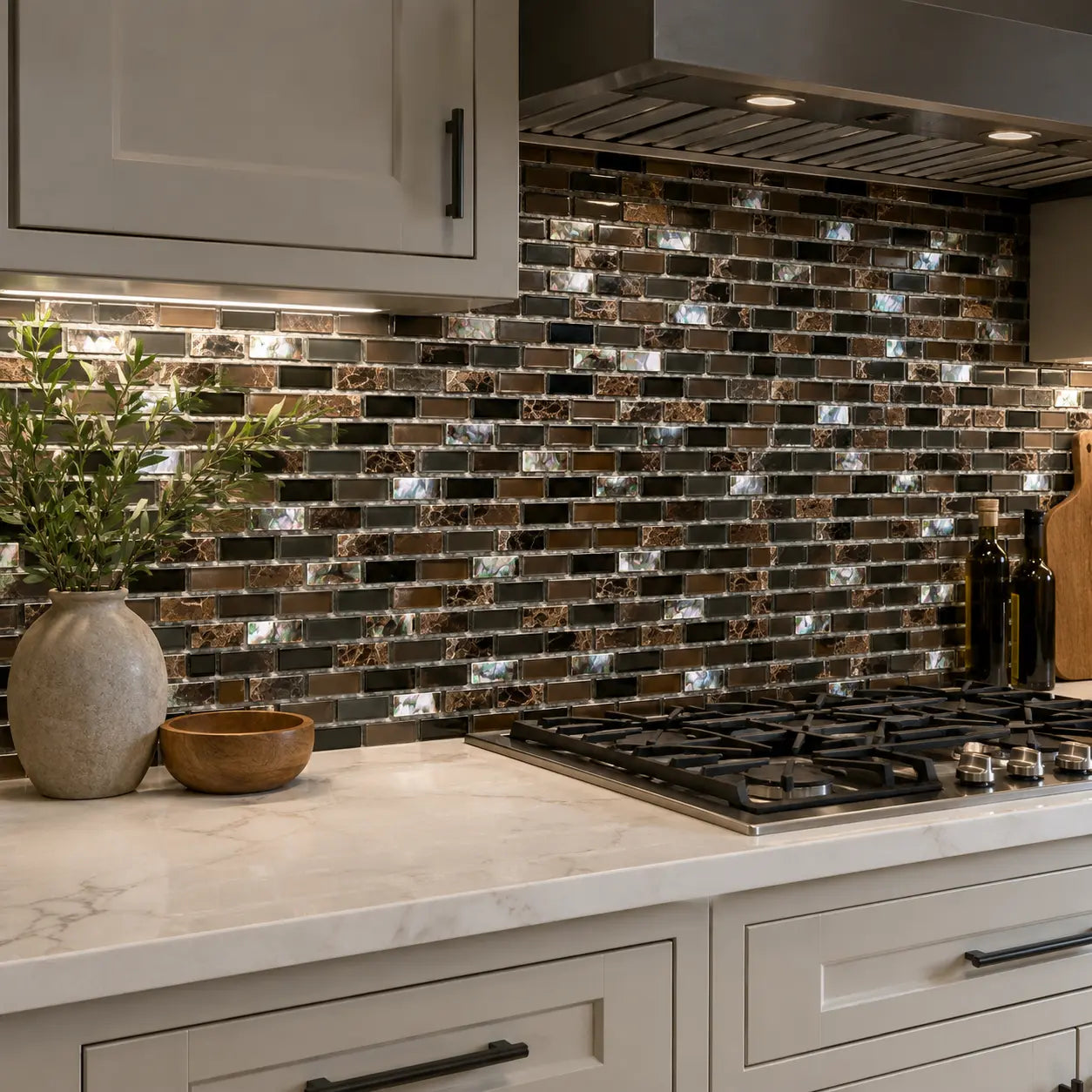 Shell Glass Coffee mosaic backsplash tile installed in a warm modern kitchen with a full long-shot view
